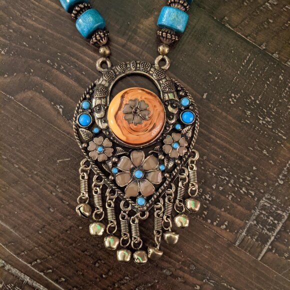 Beaded Boho Tribal Dangle Pendant Necklace Blue Wood Bells Statement Festival - Picture 2 of 6